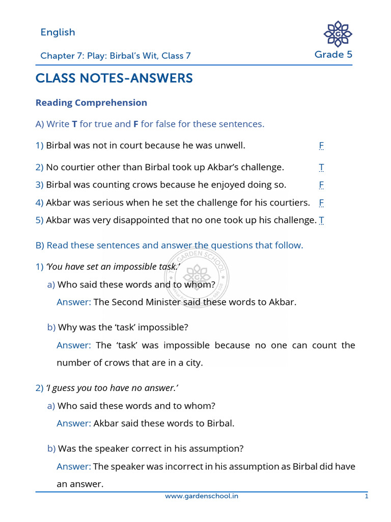 Birbal's Wit: Class 5 Notes & Answers | PDF