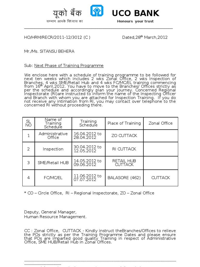 UCO Bank Training Program Schedule | PDF | Career & Growth | Business
