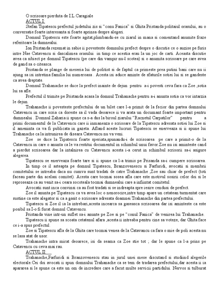 !Rezumat!O Scrisoare Pierduta - I.l.caragiale