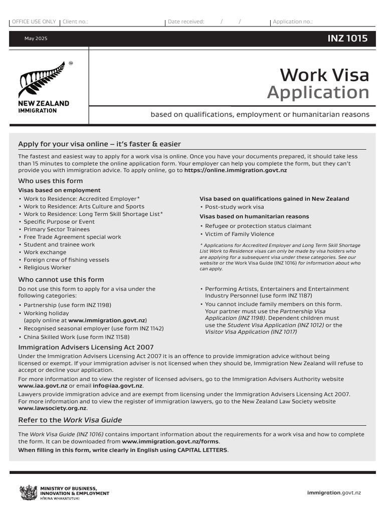 Work Visa Application INZ 1015 | PDF | Travel Visa | Credit Card