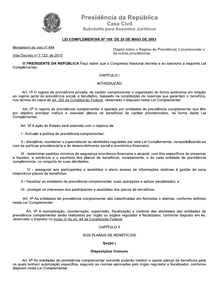 Lei Complementar N° 109 de 2001 (Previdencia Complementar) | PDF