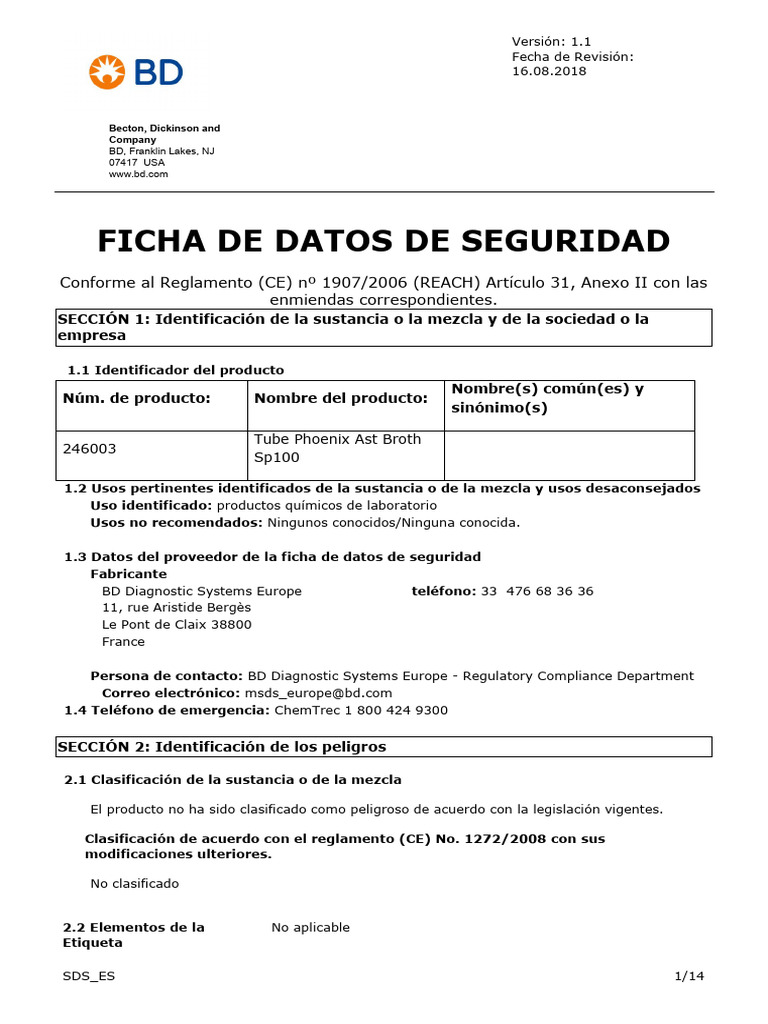 Ficha de Datos de Seguridad: Tube Phoenix Ast Broth | PDF | Química