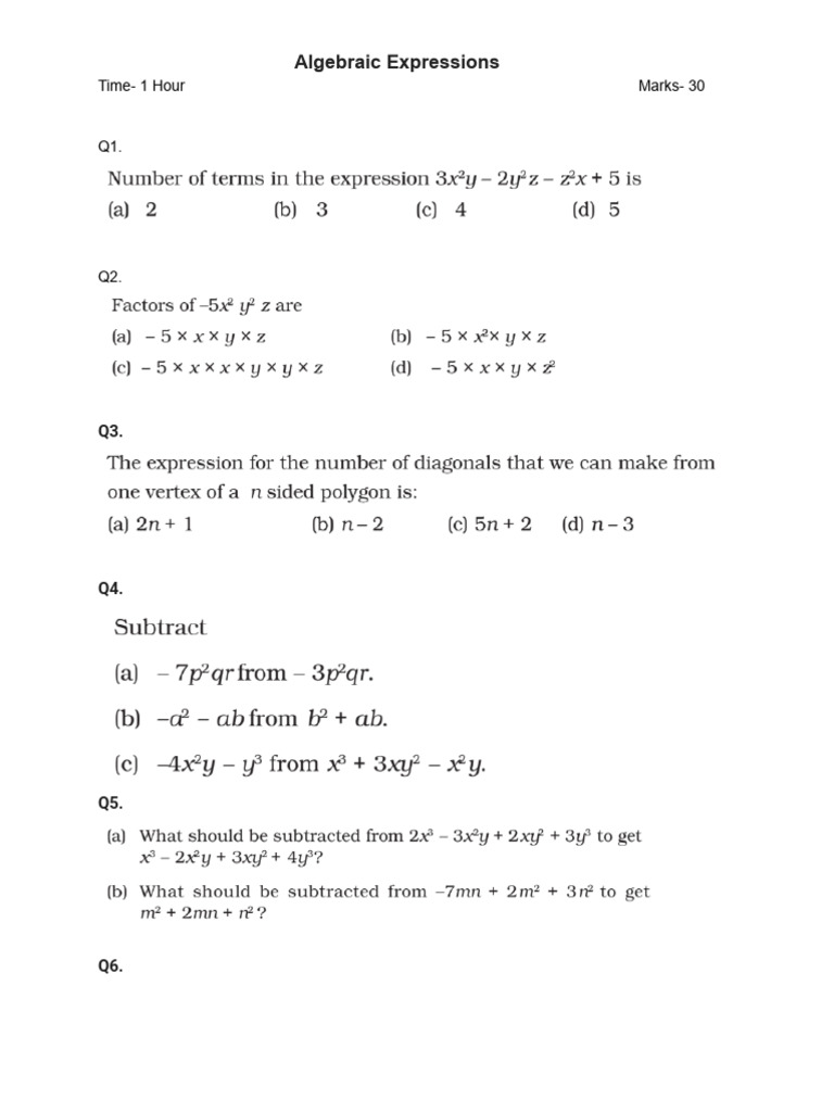 7th CBSE Algebraic Expressions Subjective Test 2 | PDF