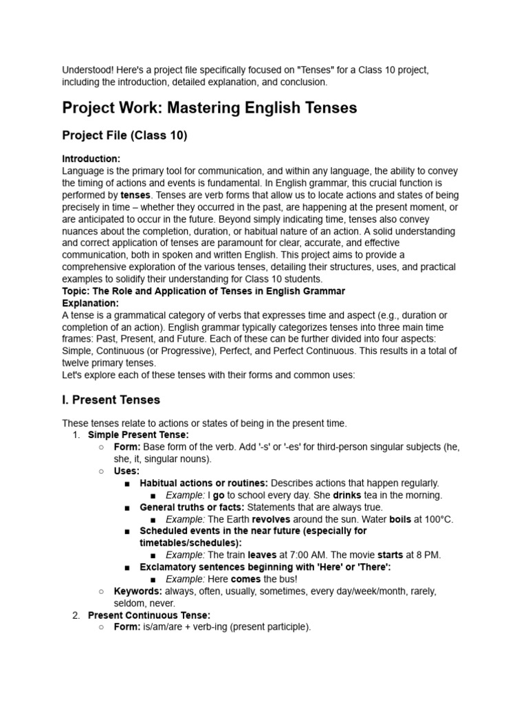 Class 10 Tenses Project Overview | PDF | Grammatical Tense | Syntax
