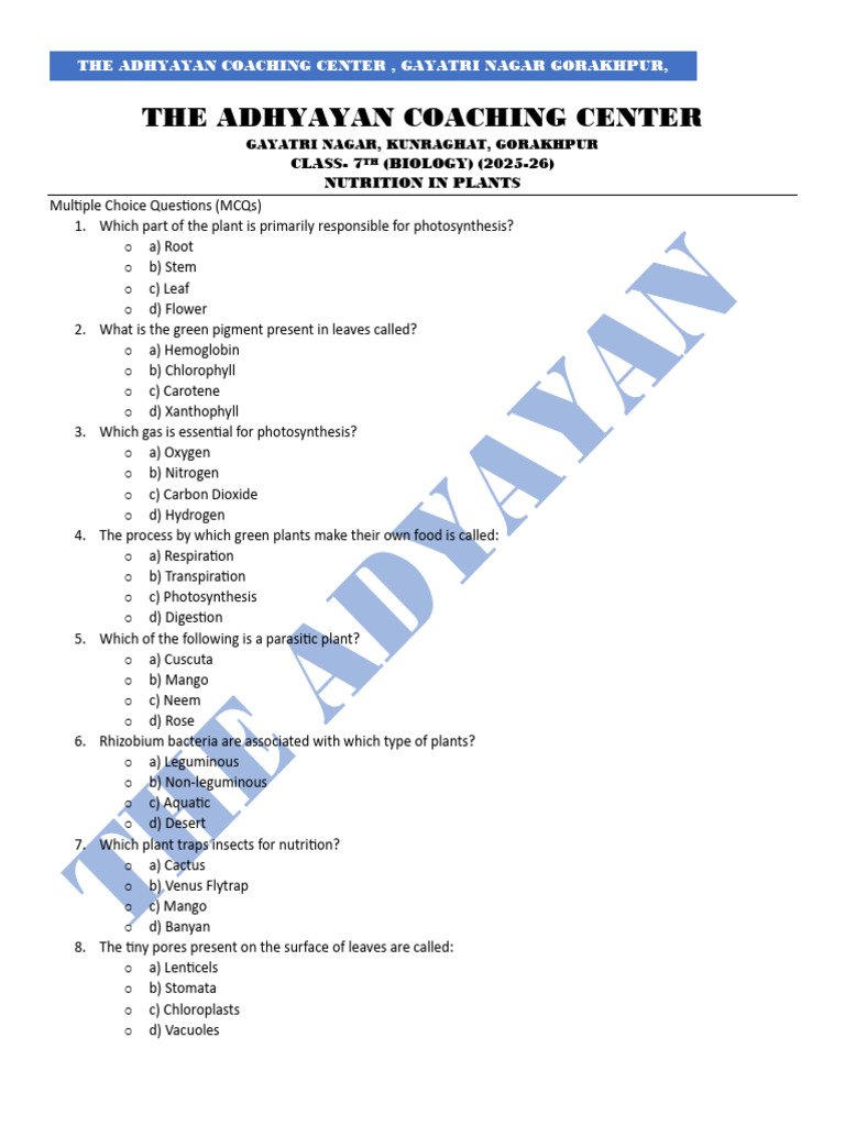 MCQs on Plant Nutrition for 7th Grade | PDF | Photosynthesis | Plants