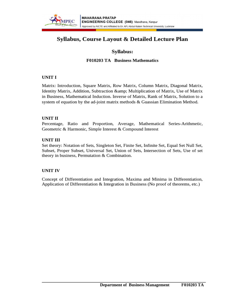 F010203 TA - Syllabus, Course Layout - Detailed Lecture Plan | PDF ...