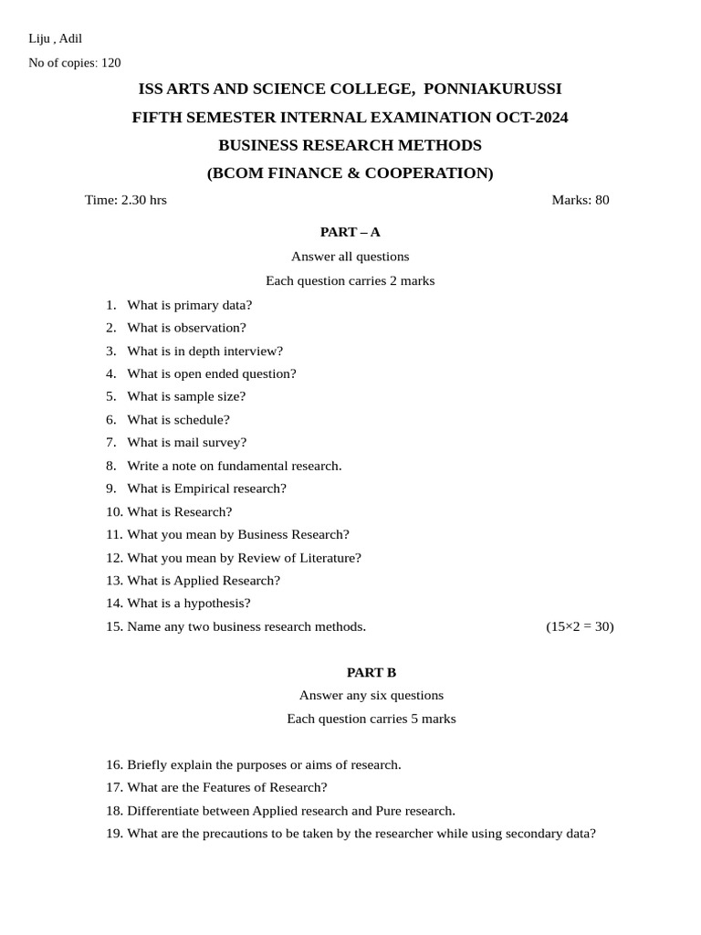 Business Research Methods Internal Question Paper | PDF | Chess | Chess ...