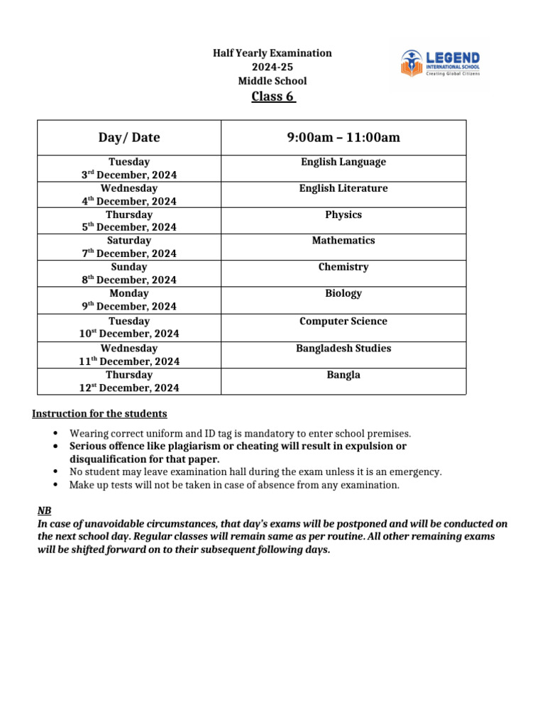 Class 6 Half Yearly Exam Schedule 2024 | PDF