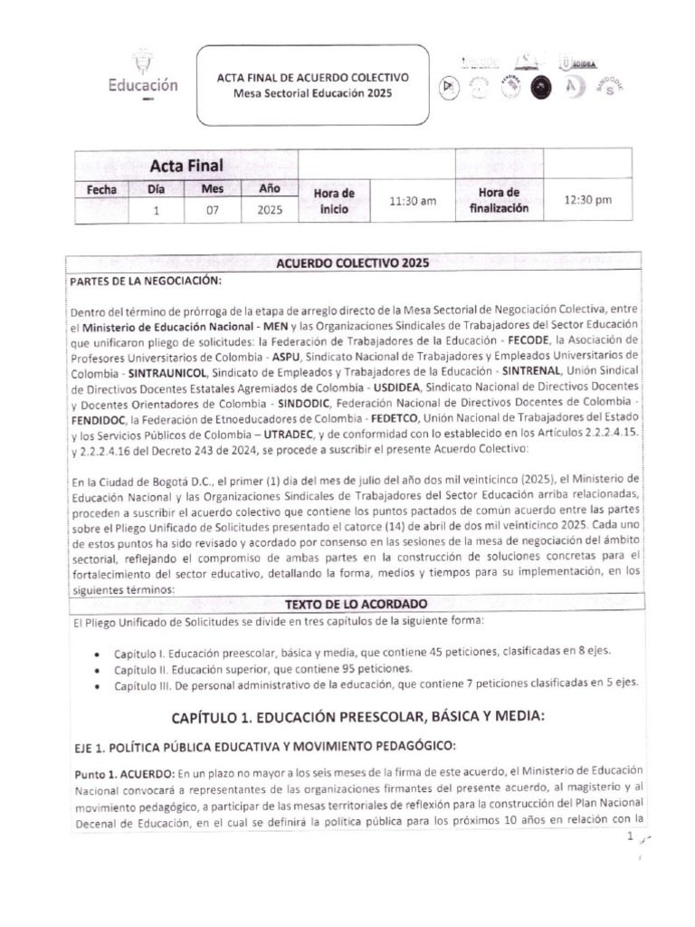 Acta Final de Acuerdos Mesa Educacion 2025 | PDF