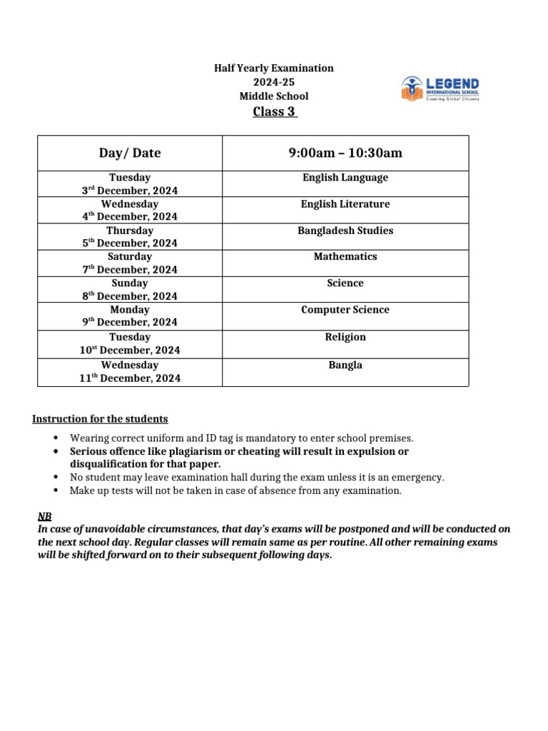 Class 3 Half Yearly Exam Schedule 2024 | PDF