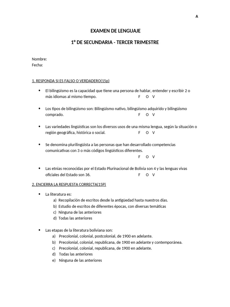 Examen de Lengua 1° Secundaria 3er Trimestre | PDF | Bolivia ...