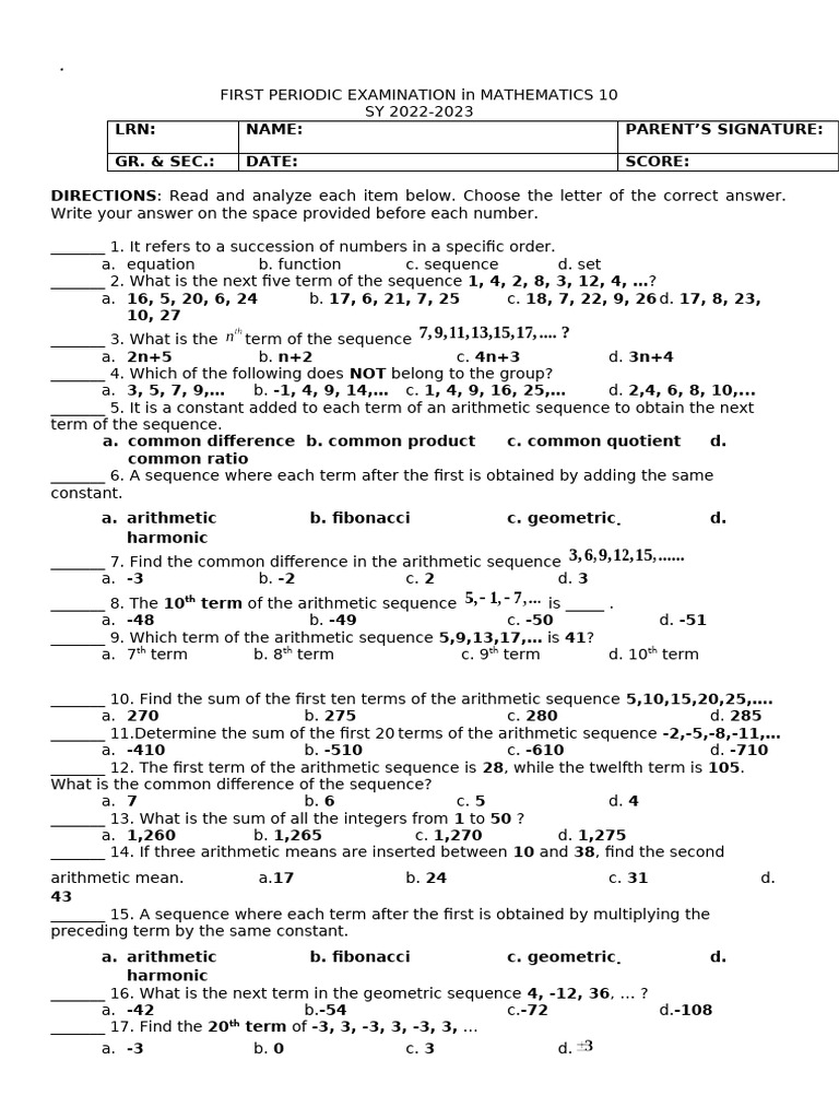 Mathematics 10 Exam Answer Key | PDF | Length | Arithmetic