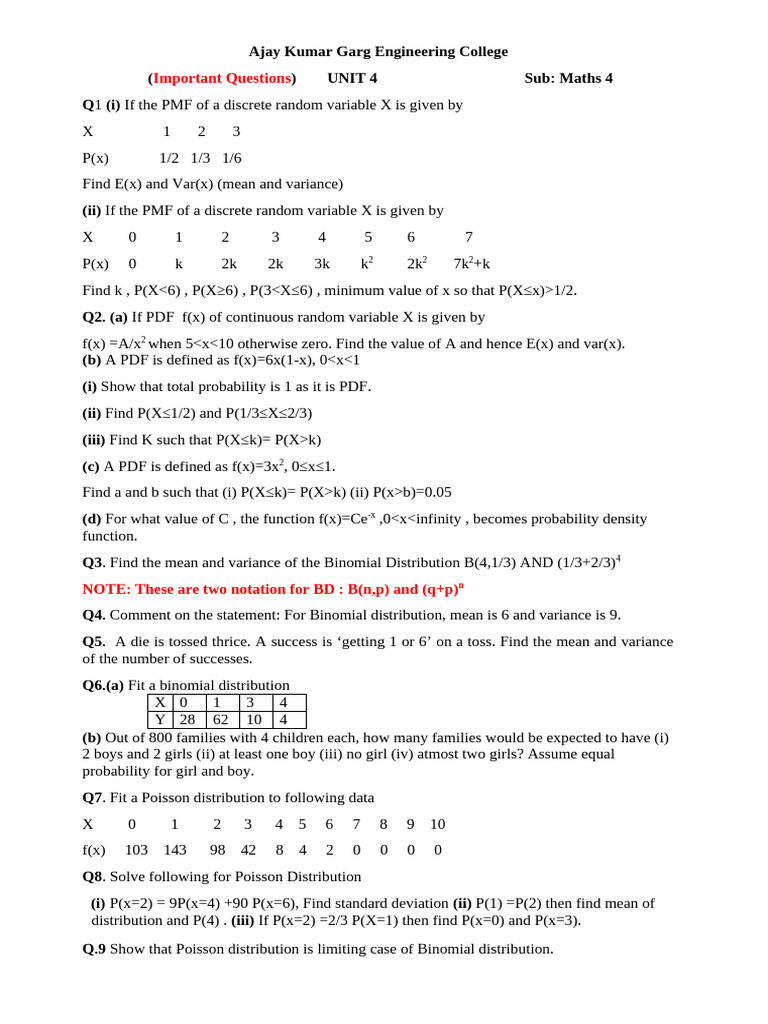 IMPORTANT QUESTIONS UNIT 4-Maths 4-New | PDF | Probability Density ...