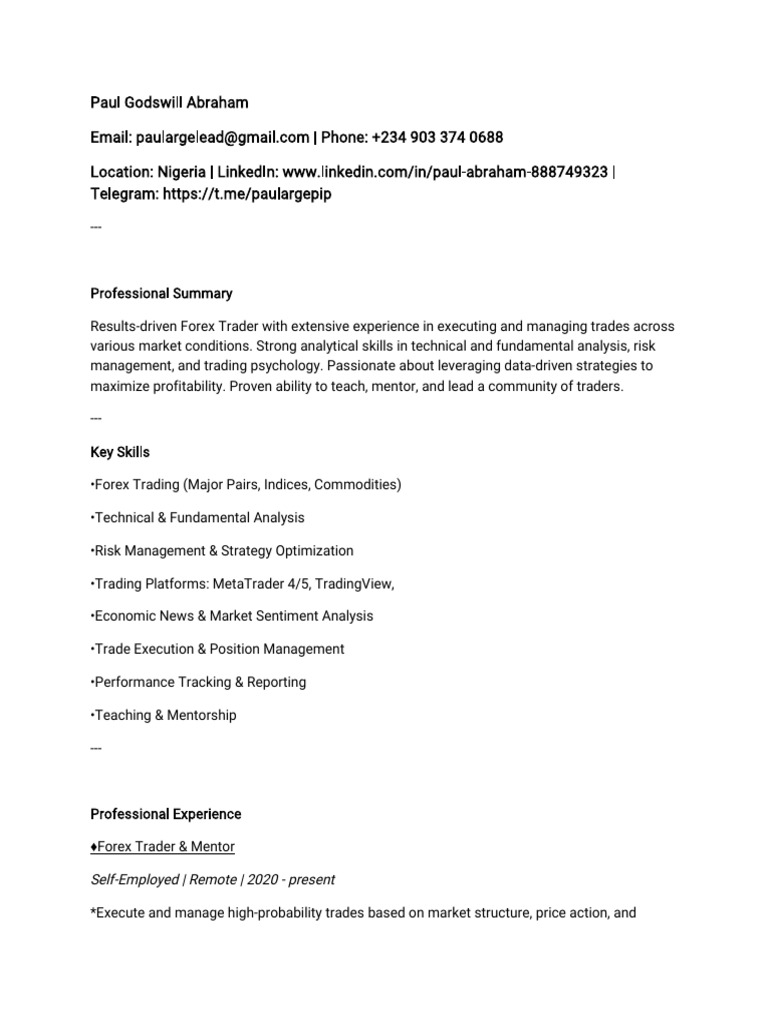 Forex Trader & Mentor Resume | PDF | Foreign Exchange Market | Mentorship