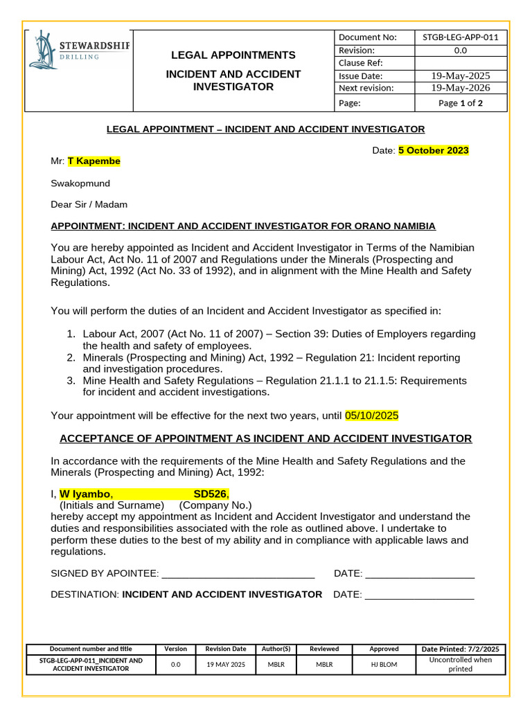 Appointment of Incident Investigator | PDF | Occupational Safety And Health