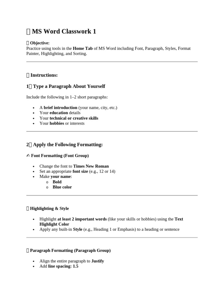 ? MS Word Classwork 1 | PDF