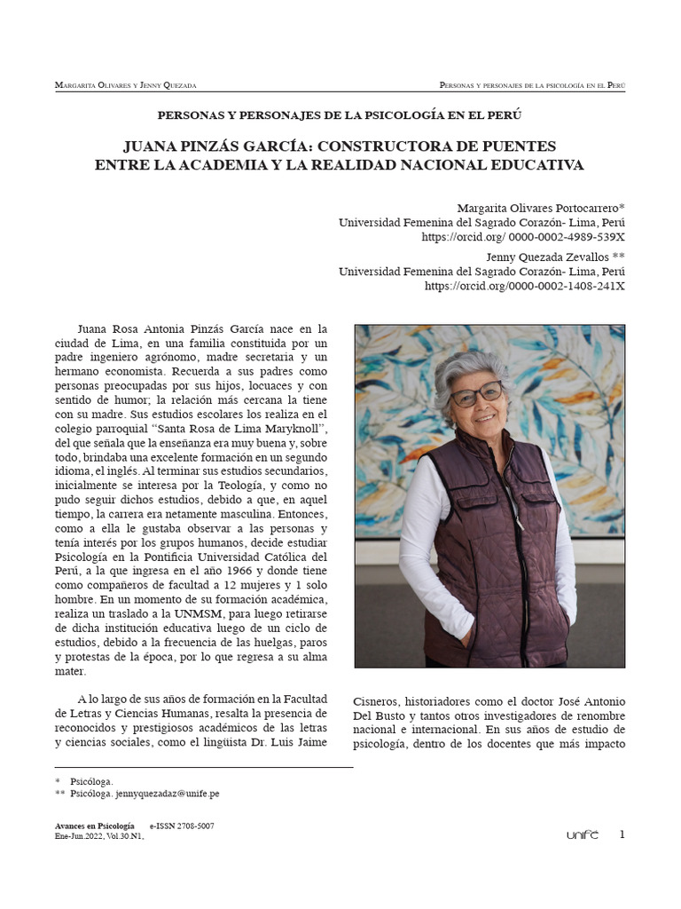 Juana Pinzás: Pionera en Psicología Peruana | PDF | Enseñando ...