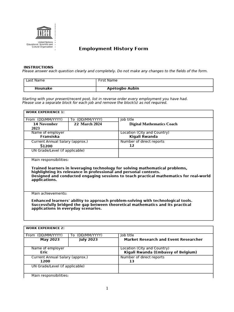 Employment History and Work Experience Form | PDF | Learning | Cognition