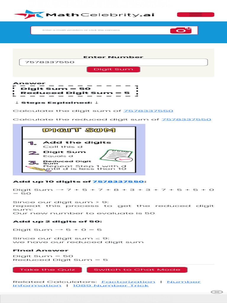Digit Sum of 7578337550 | PDF