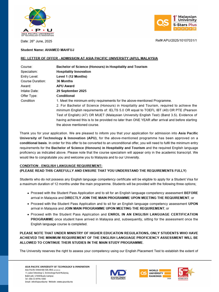 APU Admission Offer for Ahamed Mahfuj | PDF | Travel Visa ...
