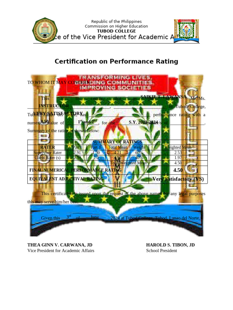 Performance Rating Certification Sample | PDF