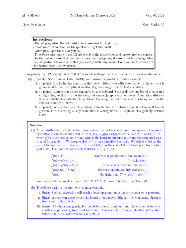 AI CSE 643 MidSem Solutions 2024 | PDF | Theoretical Computer Science ...