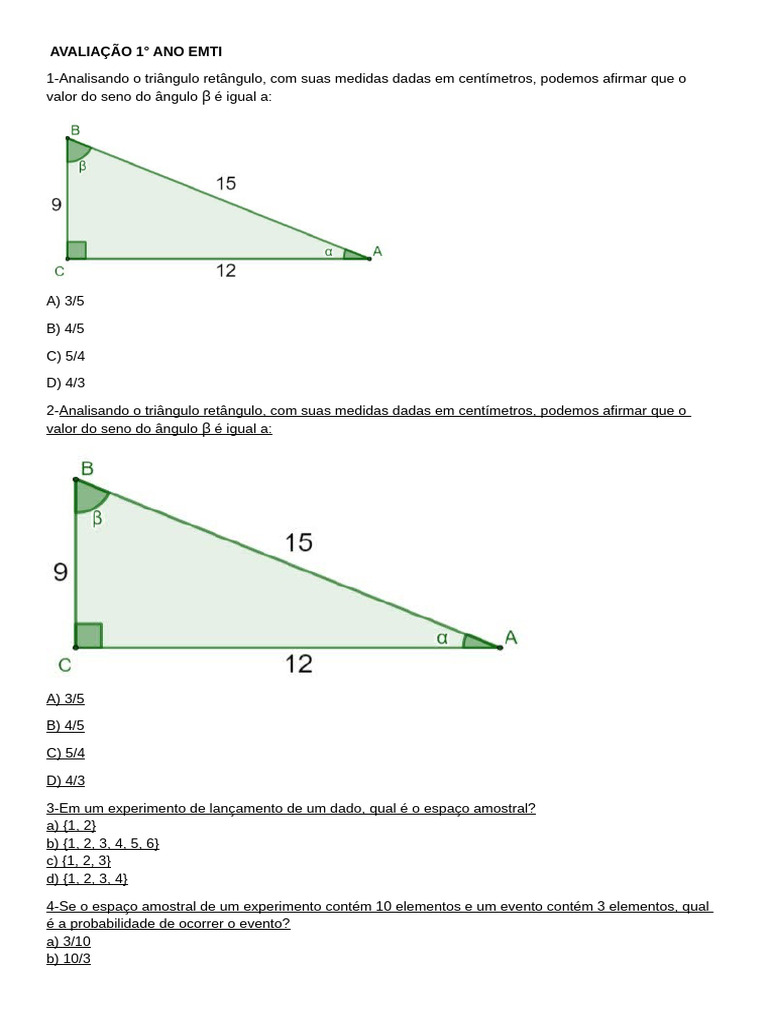 Questões de Matemática para 1° Ano EMTI | PDF
