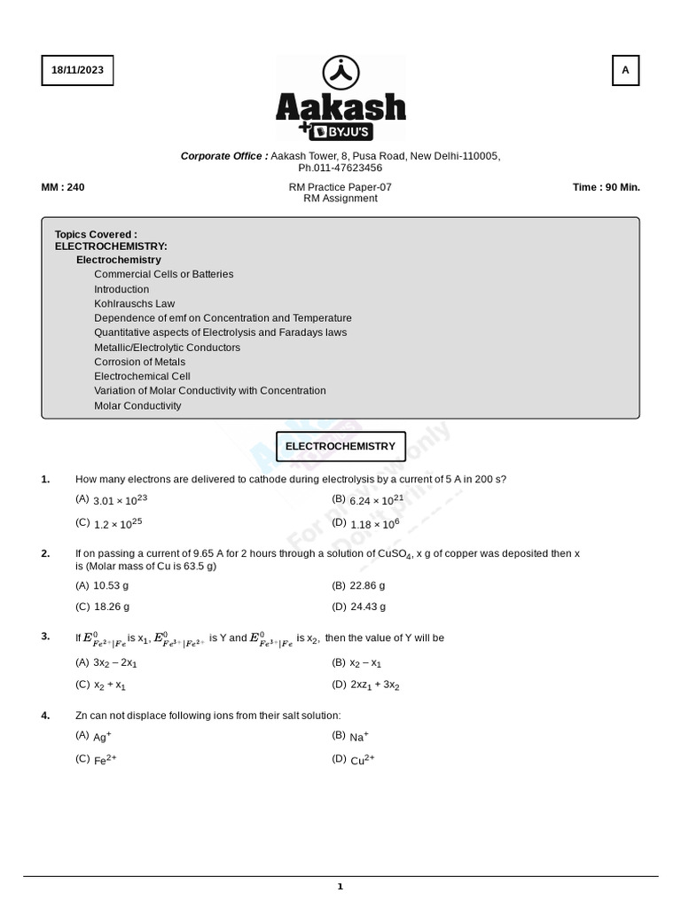 RM Practice Paper Chemistry Chapter-07 | PDF | Electrochemistry ...