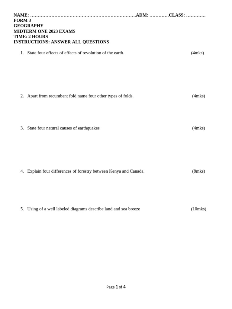 GEOGRAPHY F3 Q Term 1 2023 Teacher Co Ke | PDF