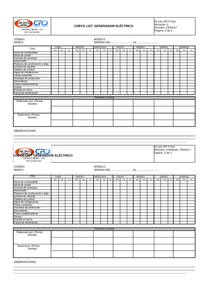 Checklist Generador Eléctrico Semanal | PDF | Vehículo de motor | Vehículos