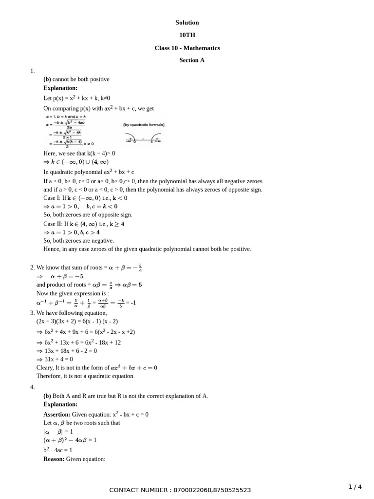 10th Maths Test Ch-2,4 Ans | PDF | Quadratic Equation | Zero Of A Function