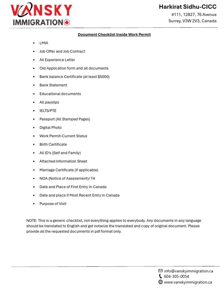 Work Permit Document Checklist Canada | PDF