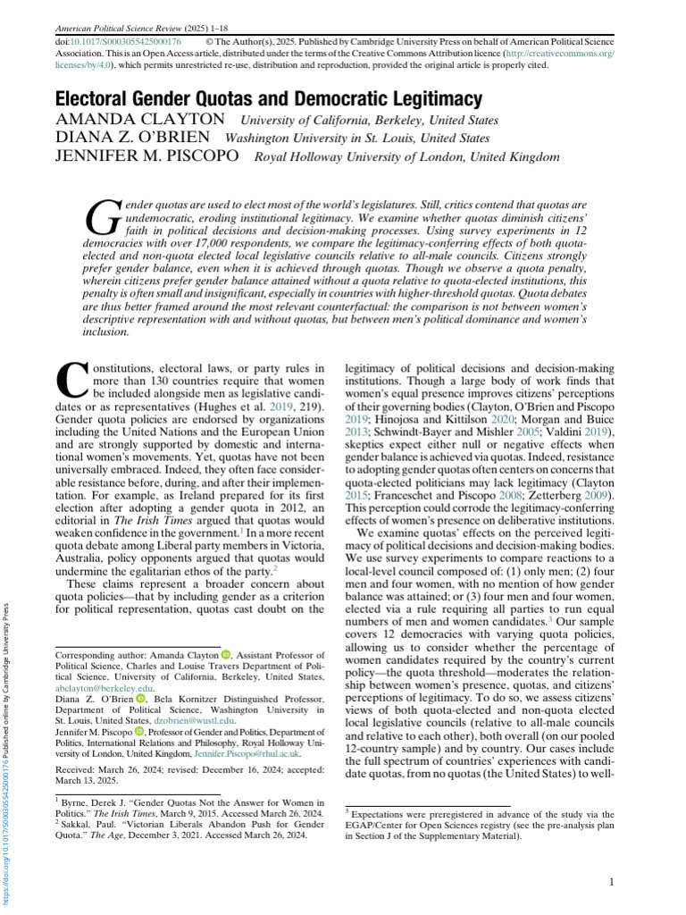 Electoral Gender Quotas and Democratic Legitimacy | PDF | Democracy ...