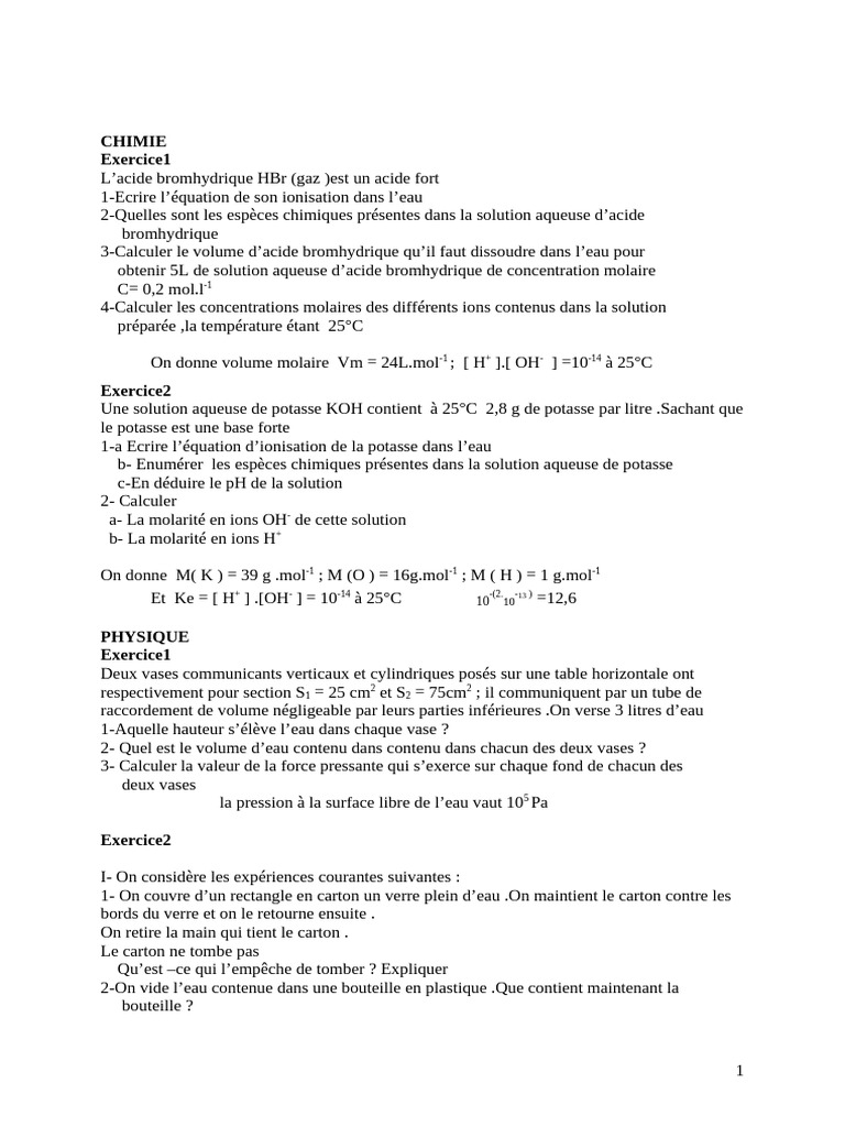 Exercices de chimie et physique sur solutions | PDF | Concentration ...