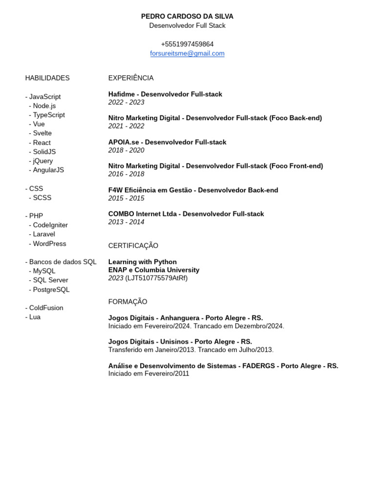 Currículo de Pedro Cardoso - Desenvolvedor Full Stack | PDF