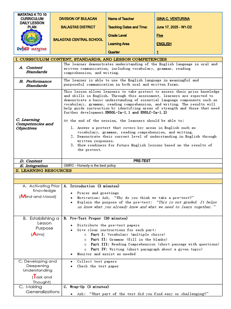 Grade 5 English Pre-Test Overview | PDF | Reading Comprehension | Learning