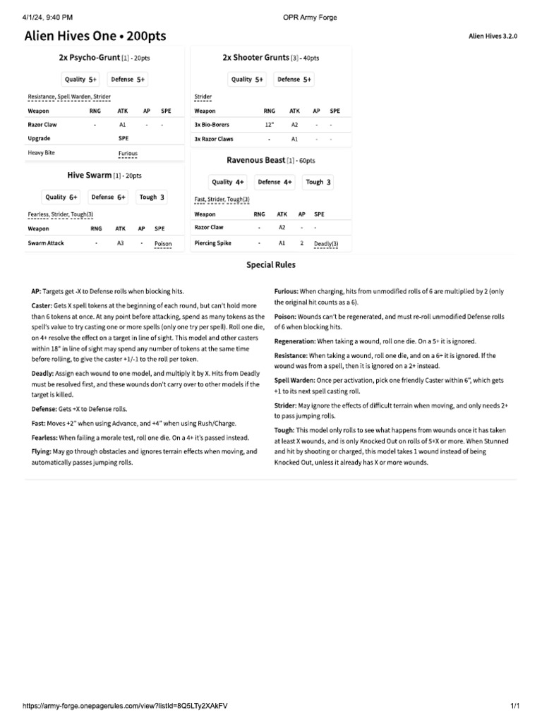 One Page Rules - Alien Hive Army List | PDF