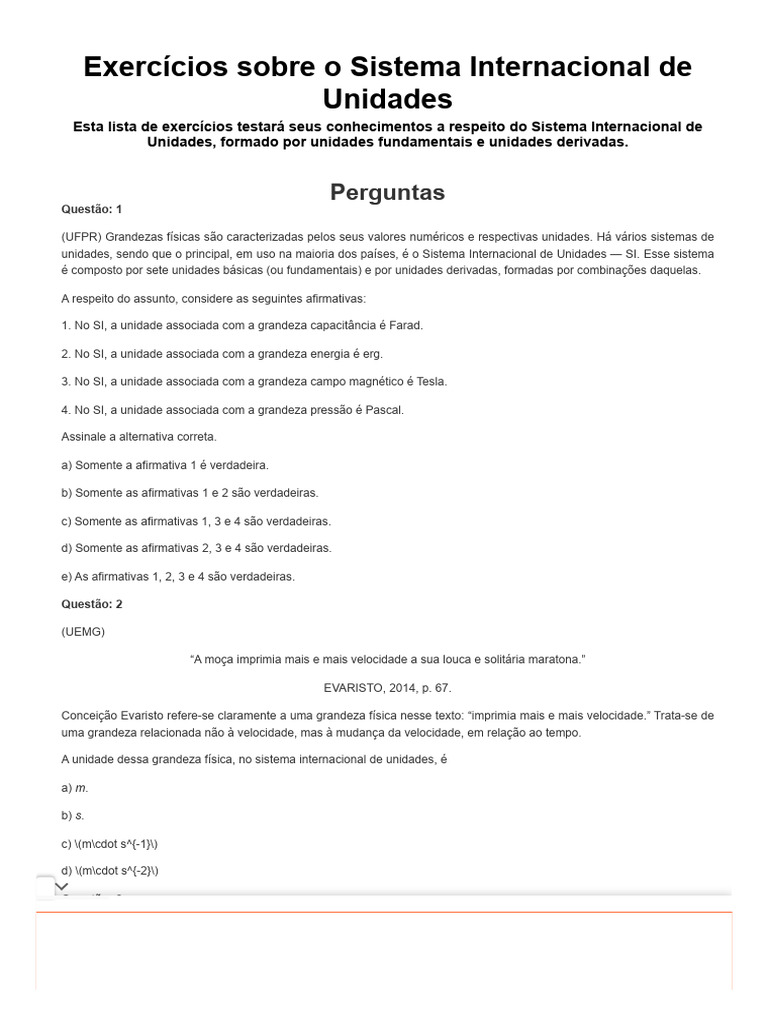 Exercícios sobre Sistema Internacional de Unidades | PDF | Quilograma ...