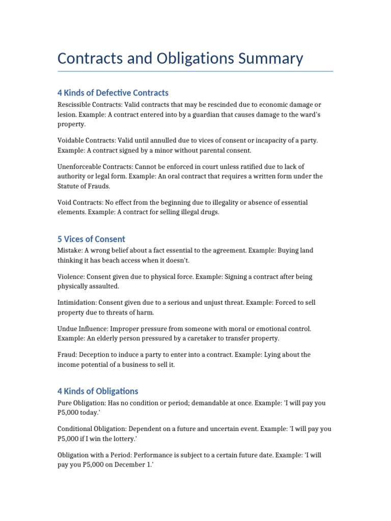 Contracts and Obligations Summaryo | PDF | Debtor | Annulment