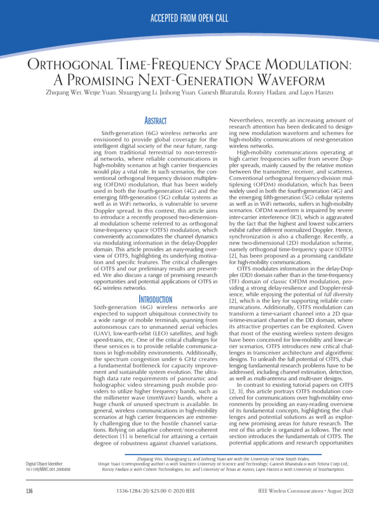 OTFS Modulation for 6G Wireless Networks | PDF | Orthogonal Frequency ...