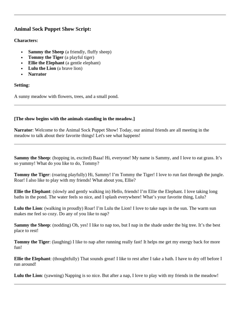 Fun Animal Sock Puppet Show Script | PDF