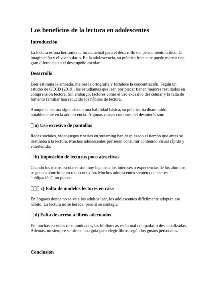 Beneficios de la lectura en adolescentes | PDF