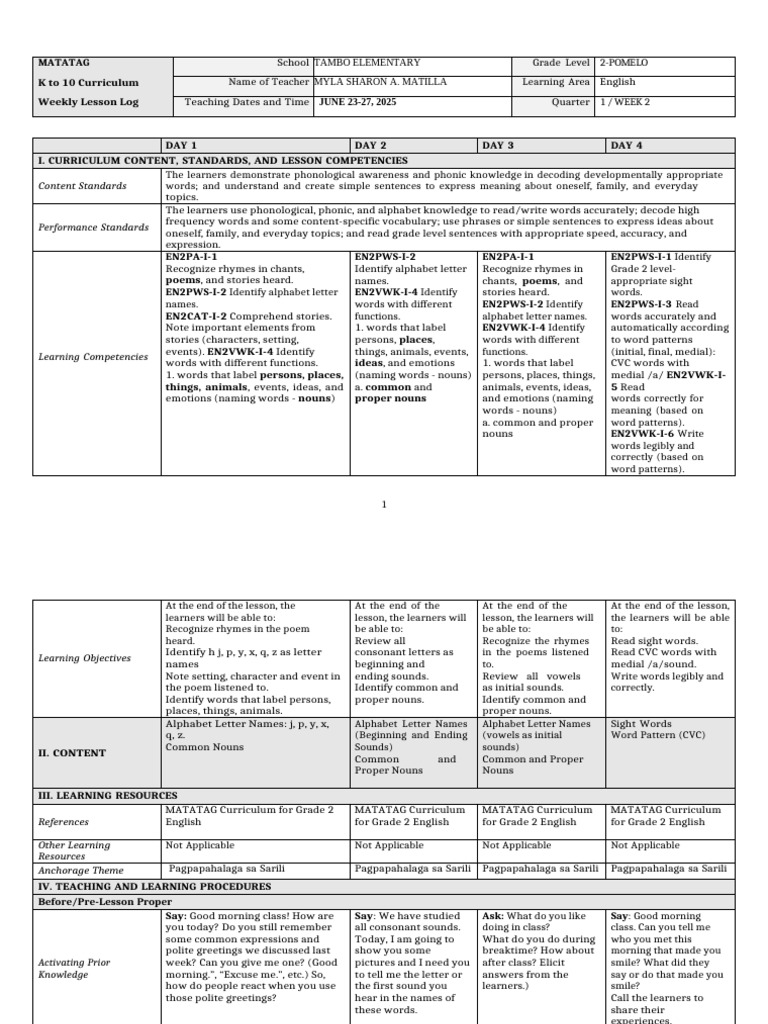 Grade 2 English Weekly Lesson Plan | PDF | Word | Consonant