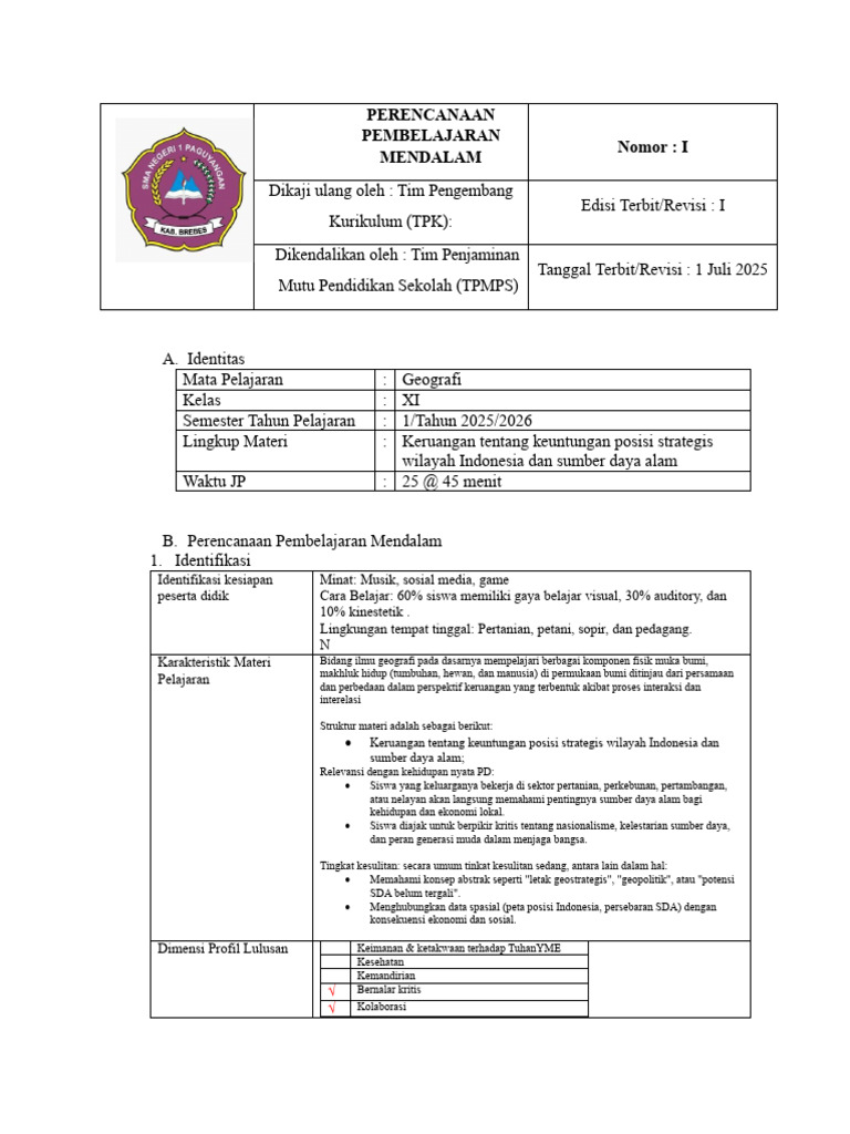 RPP Deep Learning Geografi Kelas XI | PDF
