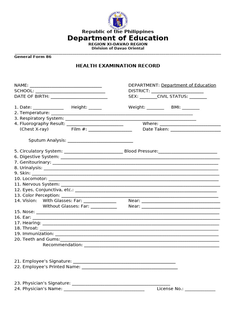 Health Examination Record Template | PDF | Clinical Medicine | Human ...