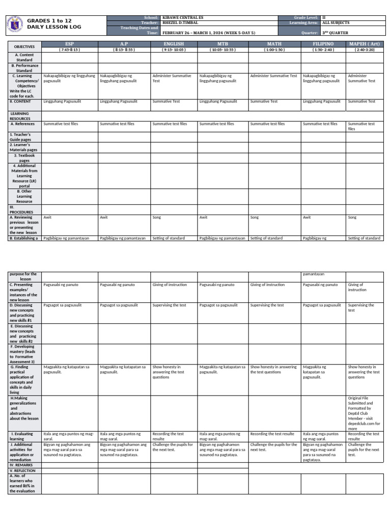 Grade 2 Daily Lesson Log: Week 5 | PDF | Cognition | Behavior Modification