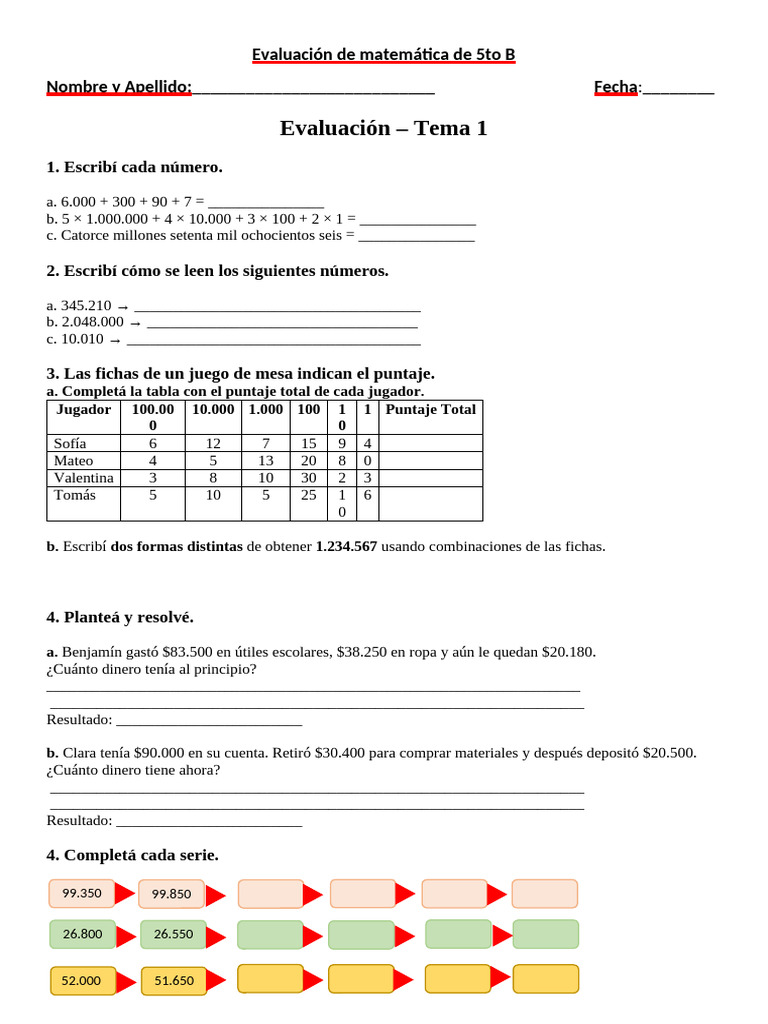 Evaluación de Matemática 5to B | PDF