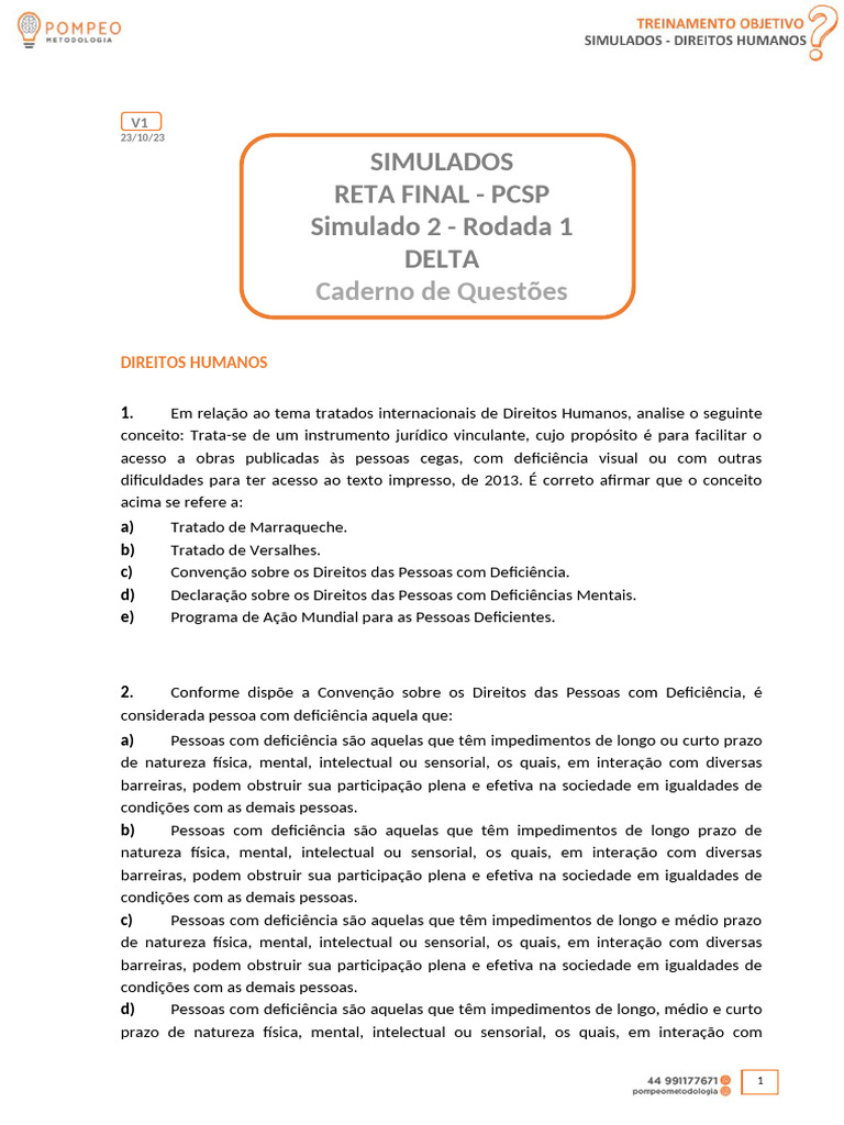 Simulado de Direitos Humanos - PCSP | PDF | Deficiência | Tráfico humano