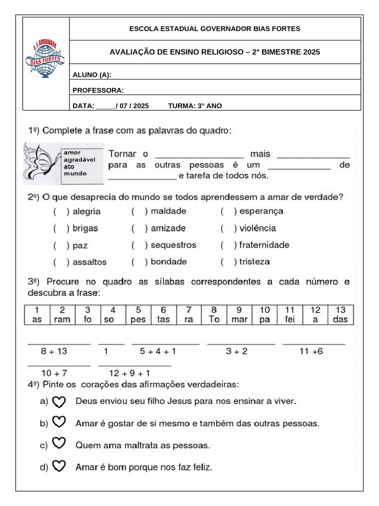 Avaliação Bimestral de Ensino Religioso 2 Bimestre | PDF