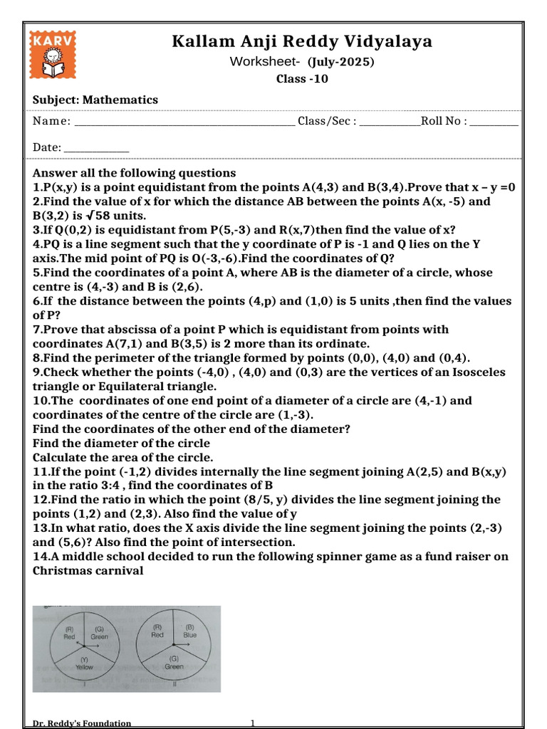 Class 10 Mathematics Worksheet | PDF | Probability | Circle